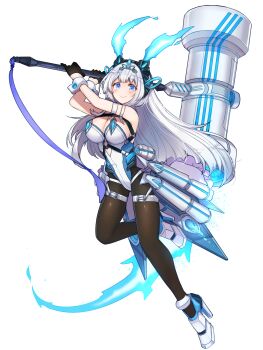 Rule 34 | 1girl, black gloves, black pantyhose, blue eyes, blue fire, breasts, cleavage, dairoku ryouhei, fire, full body, gloves, high heels, highres, holding, holding weapon, leotard, long hair, marshmallow alamode, misono reiji, pantyhose, smile, solo, transparent background, weapon, wrist cuffs