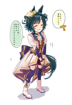1girl 1other absurdres animal_ears blush bodice boots choker closed_eyes corset cropped_jacket ears_through_headwear garter_straps green_hair grin hair_between_eyes highres horse_ears horse_girl horse_tail jacket kiseki_(umamusume) medium_hair morizu929 multicolored_hair open_mouth overskirt pendant_choker purple_choker purple_garter_straps purple_thighhighs red_corset red_shorts shirt shorts smile solo_focus speech_bubble starting_future_(umamusume) t-head_trainer_(umamusume) tail teeth thighhighs trainer_(umamusume) umamusume white_boots white_jacket white_shirt white_streaks wristband yellow_beret