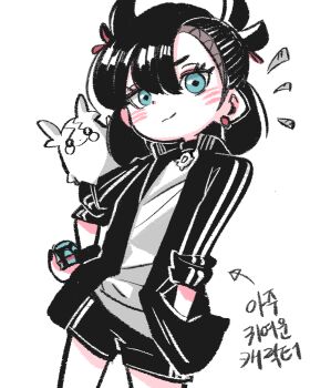 1girl alternate_costume aqua_eyes arrow_(symbol) asymmetrical_bangs black_hair blush choker closed_mouth commentary_request cowboy_shot dot_nose dusk_ball earrings eyelashes gen_8_pokemon hair_between_eyes hand_in_pocket hand_on_own_hip highres holding holding_poke_ball jacket jewelry korean_text long_sleeves marnie_(pokemon) medium_hair morpeko morpeko_(full) nintendo notice_lines on_shoulder open_clothes open_jacket poke_ball pokemon pokemon_(creature) pokemon_on_shoulder pokemon_swsh short_shorts shorts simple_background skirt smile spot_color translation_request twintails undercut white_background