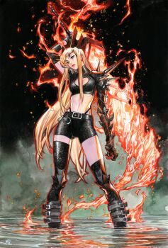 1girl belt black_belt black_shorts blonde_hair blue_eyes breasts dike_ruan fire flaming_sword flaming_weapon full_body hashtag-only_commentary highres holding holding_sword holding_weapon long_hair looking_at_viewer magik_(x-men) marvel medium_breasts new_mutants shorts sidelocks solo sword weapon x-men