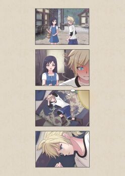 1boy 1girl aged_down asami_yutori averting_eyes basket bed black_hair blonde_hair blue_dress blue_eyes blue_shorts blush boots brown_boots building close-up cloud_strife commentary_request cowboy_shot dress emphasis_lines final_fantasy final_fantasy_vii final_fantasy_vii_remake from_above full-face_blush full_body hands_on_own_head holding holding_basket indoors long_hair looking_at_another low_ponytail lying nibelheim on_bed on_side open_mouth outdoors ponytail sequential shirt short_sleeves shorts spiked_hair sweatdrop t-shirt tifa_lockhart undershirt upper_body white_shirt