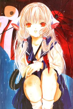 00s 1girl absurdres alternate_costume blonde_hair breasts chii chobits clamp cleavage female_focus hair_tubes highres long_hair neck_ribbon official_art rain red_eyes ribbon robot_ears scan school_uniform serafuku smile socks solo squatting umbrella undone_neck_ribbon wet wet_clothes