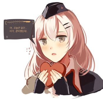 Rule 34 | 1girl, black gloves, black hat, gift, girls' frontline, gloves, grey eyes, hat, holding, holding gift, korean commentary, light blush, long hair, lowres, open mouth, silence girl, svd (girls' frontline), talking, white background, white hair