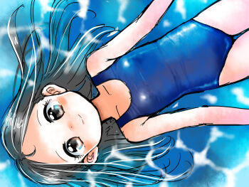 1girl afloat black_hair blue_one-piece_swimsuit blue_school_swimsuit blush breasts brown_eyes collarbone from_above lemon_production loli long_hair looking_at_viewer lying one-piece_swimsuit original pool school_swimsuit small_breasts smile swimsuit water