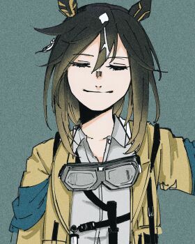 Rule 34 | 1girl, animal ears, aqua background, armband, belt, black belt, black hair, blonde hair, blue armband, chest belt, closed eyes, closed mouth, coat, collarbone, collared coat, collared shirt, commentary request, dress shirt, ear covers, ear ornament, film grain, goggles, goggles around neck, gradient hair, grey-framed eyewear, happy, highres, horse ears, horse girl, lapels, long hair, long sleeves, multicolored hair, multiple belts, open clothes, open coat, outstretched arm, peaked lapels, pocket, shirt, simple background, smile, solo, stay gold (sunlit outsider) (umamusume), stay gold (umamusume), straight-on, streaked hair, two-tone hair, umamusume, upper body, white shirt, wight720, yellow coat