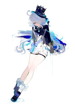 1girl absurdres ahoge ascot black_jacket blue_ascot blue_eyes blue_gem blue_hair blue_hat blue_shoes commentary full_body furina_(genshin_impact) gem genshin_impact hair_between_eyes hair_over_one_eye hat highres jacket long_hair magnet_8_8 multicolored_hair shoes shorts simple_background socks solo streaked_hair thigh_strap top_hat vest white_background white_hair white_shorts white_socks white_vest