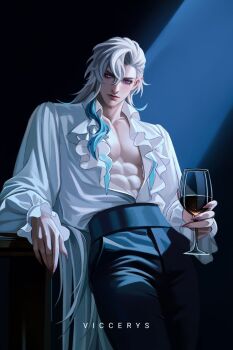 Rule 34 | 1boy, abs, arm rest, artist name, bare pectorals, black pants, blue hair, closed mouth, collarbone, collared shirt, commentary, english commentary, eyelashes, fingernails, frilled shirt, frilled sleeves, frills, genshin impact, highres, long hair, long sleeves, looking at viewer, male focus, neuvillette (genshin impact), open clothes, open shirt, pants, pectorals, purple eyes, sharp fingernails, shirt, shirt tucked in, solo, standing, viccerys, white hair, white shirt, wing collar