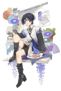 Rule 34 | 1boy, alternate costume, arm at side, arm cutout, balloon, belt, belt buckle, black belt, black boots, black shorts, black sleeves, blunt ends, boots, bread, buckle, string of flags, casual, clothing cutout, coffee cup print, coffee maker, collared shirt, contemporary, cross-laced clothes, cross-laced top, cup, earphones, eyelashes, folding fan, food, full body, genshin impact, hand fan, hand on own knee, hand up, heart, highres, holding, image sample, knee up, layered sleeves, long sleeves, looking at viewer, male focus, parted lips, plant, plate, potted plant, purple eyes, purple sleeves, scaramouche (genshin impact), shimianaya, shirt, shoe belt, shorts, sitting, solo, spoken heart, teeth, upper teeth only, watermark, watermark grid, white shirt, wispy bangs