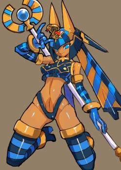 1girl alternate_costume alternate_skin_color animal_crossing ankha_(animal_crossing) anklet blue_boots blue_eyes blue_helmet blue_shirt boots breasts brown_background cosplay cropped_shirt dakusuta dark-skinned_female dark_skin fairy_leviathan_(mega_man) fairy_leviathan_(mega_man)_(cosplay) full_body gold_anklet helmet highres holding holding_staff medium_breasts mega_man_(series) mega_man_zero_(series) navel nintendo pharaoh shirt simple_background smile solo staff