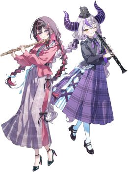 2girls absurdres animal animal_on_head azki_(hololive) bird bird_on_head black_hair black_shoes bow braid closed_mouth demon_girl demon_horns full_body hair_bow hair_ornament high_heels highres holding holding_instrument hololive horns instrument la+_darknesss long_hair long_skirt long_sleeves looking_at_viewer low_twin_braids multicolored_hair multiple_girls nekoyashiki_pushio official_art on_head pantyhose pink_hair purple_hair shoes simple_background skirt smile standing streaked_hair tongue tongue_out transparent_background twin_braids very_long_hair virtual_youtuber white_pantyhose yellow_eyes