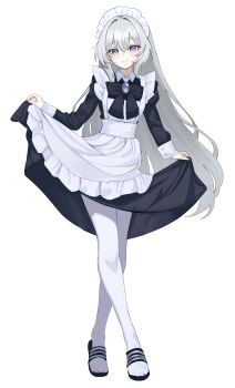 1girl absurdres apron black_dress blue_eyes bow bowtie brooch closed_mouth crossed_legs curtsey dress frilled_apron frills full_body highres jewelry juliet_sleeves long_hair long_sleeves looking_at_viewer maid maid_apron maid_headdress original pantyhose puffy_sleeves slippers smile solo standing very_long_hair watson_cross white_hair white_pantyhose wing_collar ysoa26