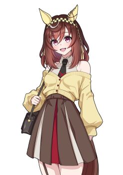 1girl absurdres alternate_costume animal_ears bag black_necktie blush braid brown_hair buena_vista_(umamusume) checkered_hairband commentary_request hairband handbag highres holding holding_bag horse_ears horse_girl horse_tail jacket light_blush long_hair moyashi_toufu multicolored_eyes multicolored_skirt necktie shirt skirt sleeveless sleeveless_shirt smile tail umamusume white_background white_shirt x_(symbol) yellow_jacket