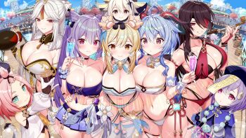 6+girls absolutely_everyone adapted_costume ahoge akusema albedo_(genshin_impact) alternate_breast_size amber_(genshin_impact) armpits bad_id bad_pixiv_id bandeau barbara_(genshin_impact) bare_shoulders beidou_(genshin_impact) bell bennett_(genshin_impact) bikini black_choker black_hair blonde_hair blue_eyes blue_hair breasts choker chongyun_(genshin_impact) cleavage closed_mouth cone_hair_bun cowbell dainsleif_(genshin_impact) day detached_collar detached_sleeves diluc_(genshin_impact) diona_(genshin_impact) duplicate eula_(genshin_impact) everyone eyepatch fischl_(genshin_impact) ganyu_(genshin_impact) genshin_impact goat_horns gold_trim grin hair_bun harem highres horns hu_tao_(genshin_impact) jean_(genshin_impact) jiangshi kaeya_(genshin_impact) keqing_(genshin_impact) klee_(genshin_impact) large_breasts lisa_(genshin_impact) long_hair long_sleeves looking_at_viewer lumine_(genshin_impact) miniskirt mona_(genshin_impact) multi-strapped_bikini multiple_girls navel ningguang_(genshin_impact) noelle_(genshin_impact) ofuda orange_eyes outdoors paimon_(genshin_impact) parted_bangs pink_hair pleated_skirt purple_bikini purple_eyes purple_hair purple_skirt qiqi_(genshin_impact) razor_(genshin_impact) red_bikini red_eyes shirt short_hair_with_long_locks skirt smile stomach strapless sucrose_(genshin_impact) swimsuit tartaglia_(genshin_impact) tube_top twintails venti_(genshin_impact) white_bikini white_hair white_shirt xiangling_(genshin_impact) xiao_(genshin_impact) xingqiu_(genshin_impact) xinyan_(genshin_impact) yanfei_(genshin_impact) zhongli_(genshin_impact)