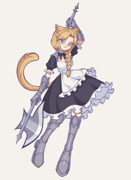 1girl absurdres animal_ears apron arm_at_side arm_up armor armored_boots axe battle_axe black_bow black_bowtie black_dress blue_eyes boots bow bowtie braid braided_ponytail breasts castussan cat_ears cat_girl cat_tail collar dress frilled_apron frilled_collar frilled_dress frills full_body grey_boots hair_over_shoulder high-waist_dress highres holding holding_axe holding_behind_back holding_weapon holding_weapon_behind_back jaggy_lines light_smile long_hair maid original parted_lips puffy_short_sleeves puffy_sleeves short_sleeves side_part simple_background small_breasts solo tachi-e tail thigh_boots tsurime two-handed weapon white_apron white_background yellow_tail