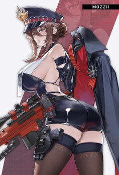 1girl absurdres armband armpit_crease artist_name ass backless_outfit bare_shoulders black_armband black_coat black_collar black_dress black_gloves black_hat black_thighhighs bolt_action braid braided_bun breasts brown_hair cheytac_m200 coat collar dress elbow_gloves from_behind gloves green_eyes gun hair_between_eyes hair_bun handgun hat hat_ornament highres holding holding_coat holding_gun holding_unworn_clothes holding_weapon holster large_breasts looking_at_viewer magazine_(weapon) military_hat mozzi_(mo22ii) original parted_lips pink_lips rifle scope sideboob sidelocks sniper_rifle solo standing strap thigh_holster thighhighs thighs two-sided_coat two-sided_fabric unworn_coat weapon white_background