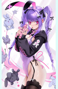 1girl ahoge animal_ears bandaid bandaid_on_ass barbell_piercing black_ribbon black_thighhighs blunt_bangs breasts cleavage commentary_request cowboy_shot cross crossed_bandaids doll drill_hair ear_piercing fake_animal_ears fake_tail fang fingernails from_side garter_straps hair_ornament hair_ribbon heart heart_ahoge highleg highleg_leotard highres holding holding_doll industrial_piercing leotard light_blush long_fingernails long_hair long_sleeves looking_at_viewer medium_breasts nail_(hardware) nail_art nail_polish neck_ribbon ompf open_mouth original piercing pink_eyes pink_ribbon playboy_bunny purple_hair purple_leotard rabbit_hair_ornament rabbit_tail ribbon shrug_(clothing) sidelocks skin_fang solo straw_doll stuffed_animal stuffed_rabbit stuffed_toy tail thighhighs twin_drills