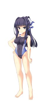 1girl absurdres aoi_masami barefoot black_eyes black_hair breasts choker competition_swimsuit covered_erect_nipples covered_navel doumyouji_kotetu full_body game_cg hair_intakes hair_ribbon hand_on_own_hip highres impossible_clothes impossible_swimsuit large_breasts large_variant_set long_hair looking_at_viewer non-web_source official_art one-piece_swimsuit ponytail ribbon solo standing swimsuit tachi-e transparent_background ts_magical_girl_nao variant_set