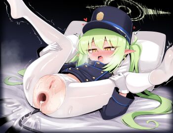 1girl after_anal aftersex animal_ears anus ass bikini black_tail blue_archive blush censored commentary_request covered_navel cum cum_in_ass demon_tail eyelashes fang furrowed_brow gaping gloves green_hair halo hat heart highres leg_grab legs_up long_hair lying mosaic_censoring narrowed_eyes no_pants nozomi_(blue_archive) on_back pantyhose pointy_ears pussy_juice sidelocks skin_fang solo spread_legs stonewill swimsuit tail torn_clothes torn_pantyhose train_conductor trembling twintails white_gloves white_pantyhose yellow_eyes