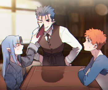 1girl 2boys alternate_universe blue_hair booth_seating braid breasts burger cafe contemporary cu_chulainn_(fate) cu_chulainn_(garcon)_(fate) cu_chulainn_(lancer)_(fate) earrings elf emiya_shirou fate/hollow_ataraxia fate/stay_night fate_(series) food jewelry medea_(caster)_(fate) medea_(fate) menu momoka_(abc_momoka0718) multiple_boys orange_hair pointy_ears ponytail restaurant table