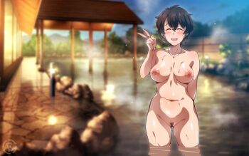 1girl akiyama_yoshiko bath blurry blurry_background blush breasts brown_hair collar completely_nude em_(totsuzen_no_hakike) feet_out_of_frame female_pubic_hair girls_und_panzer large_breasts mature_female navel nipples nude open_mouth pubic_hair short_hair smile solo standing v