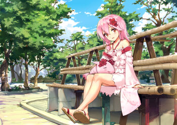1girl bare_shoulders bench blue_sky blush braid cherry_blossoms cloud cloudy_sky day feet female_focus flower full_body gou_(ga673899) hair_between_eyes hair_flower hair_ornament halterneck haoni japanese_clothes kimono kimono_pull kimono_skirt looking_at_viewer open_mouth outdoors park path pink_hair pink_kimono red_flower road sandals sergestid_shrimp_in_tungkang shrimp sitting sky smile solo teeth toes tree wide_sleeves xuan_ying