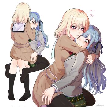 2girls bang_dream! bang_dream!_it&#039;s_mygo!!!!! black_pantyhose black_socks blonde_hair blue_hair blush breasts brown_dress bulkobon closed_mouth dress green_necktie green_skirt grey_jacket hair_ribbon hanasakigawa_school_uniform hands_on_another&#039;s_cheeks hands_on_another&#039;s_face haneoka_school_uniform heart highres hug invisible_chair jacket long_hair long_sleeves medium_breasts medium_hair misumi_uika multiple_girls necktie on_lap pantyhose plaid_clothes plaid_skirt pleated_dress pleated_skirt purple_eyes ribbon sailor_dress school_uniform sidelocks simple_background sitting skirt socks straddling togawa_sakiko white_background yellow_eyes yuri