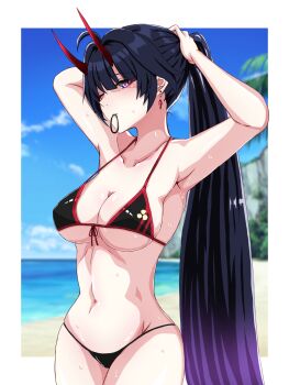 1girl adjusting_hair ahoge alternate_hair_color armpits arms_up beach bikini black_bikini black_hair blue_sky border breasts cleavage closed_mouth cloud cloudy_sky commentary_request day earrings gradient_hair hair_tie_in_mouth highres honkai_(series) honkai_impact_3rd horns jewelry large_breasts long_hair looking_at_viewer mordrex_art mouth_hold multicolored_hair navel one_eye_closed ponytail purple_eyes purple_hair raiden_mei raiden_mei_(herrscher_of_thunder) revision sand sky solo swimsuit two-tone_hair tying_hair very_long_hair water white_border