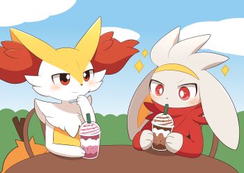 1girl 1other animal_ear_fluff animal_ears animal_hands animal_nose blue_sky blush body_fur braixen bright_pupils bush chair closed_mouth cloud cup day disposable_cup drink drinking drinking_straw flat_chest fox_ears fox_girl fox_tail frappuccino furry furry_female gen_6_pokemon gen_8_pokemon grey_fur hand_to_own_mouth hand_up happy highres holding holding_cup holding_drink looking_at_another looking_down neck_fur nintendo on_chair open_mouth outdoors pokemon pokemon_(creature) rabbit_ears raboot red_eyes red_fur sitting sketch sky smile stick subaru331 table tail two-tone_fur upper_body white_fur white_pupils wide-eyed yellow_fur