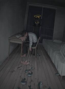 1boy 1girl barefoot bed bedroom black_hair book chair commentary dark dark-skinned_female dark_skin demon_horns desk faceless faceless_male fish glowing glowing_eyes halo highres horns indoors noose open_book original sitting standing surreal untranslatable_commentary tensen_(dotted_line) wooden_floor yellow_eyes