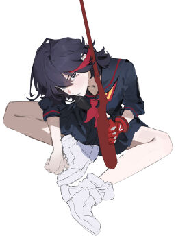 1girl absurdres bare_legs black_hair gloves highres kill_la_kill matoi_ryuuko red_hair school_uniform shoes skirt sneakers solo yarr