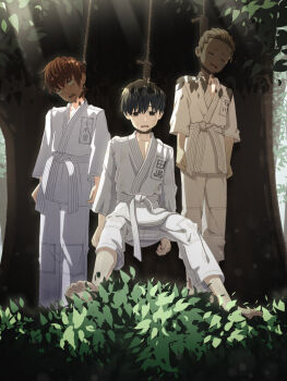 3boys asphyxiation black_hair bound bound_neck brown_hair corpse death dying empty_eyes guro hanging karate karate_uniform leaf male_dying male_focus male_gore multiple_boys original shota sigma_(artist) tree