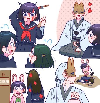 animal_ears black_serafuku black_skirt black_socks bleeding blood blush fake_animal_ears flower flying_sweatdrops fox_mask fox_mask_(silent_hill) heart highres holding holding_key holding_lead_pipe iwai_shu japanese_clothes key kicking knife knife_in_head lead_pipe mask multiple_views nishida_rinko nut87501 object_through_head open_mouth pink_serafuku pink_skirt ponytail rabbit_ears red_flower school_uniform serafuku shimizu_hinako shimizu_hinako_(pink_rabbit_costume) silent_hill_(series) silent_hill_f skirt smile socks sweatdrop torn_clothes white_hair white_socks