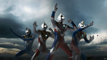 Rule 34 | 295609159hhj, 4boys, absurdres, alien, armor, blue gem, blue skin, breastplate, clenched hand, cloud, color timer, colored skin, commentary, compound eyes, crystal, dark cloud, debris, dirt, dorsal fin, feet out of frame, fighting stance, figure (medium), forehead jewel, gem, giant, giant male, glowing, glowing eyes, gold trim, hands up, highres, in-franchise crossover, legs apart, looking ahead, male focus, mountainous horizon, multicolored skin, multiple boys, no pupils, outdoors, outstretched arm, overcast, pectorals, photo (medium), photoshop (medium), red skin, silver skin, sky, standing, tokusatsu, toned, toned male, two-tone skin, ultra series, ultraman agul, ultraman dyna, ultraman dyna (flash type), ultraman dyna (series), ultraman gaia, ultraman gaia (series), ultraman tiga, ultraman tiga (multi type), ultraman tiga (series), white eyes, wrinkled skin