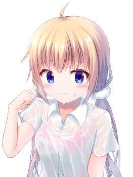 1girl absurdres ahoge blonde_hair blue_eyes blush bra bra_visible_through_clothes breasts closed_mouth commentary dot_nose frilled_bra frills getsuyoshi hair_ornament hair_scrunchie hand_up highres itsumura_haruka long_hair looking_at_viewer low_twintails pink_bra re:stage! scrunchie see-through_clothes see-through_shirt shirt short_sleeves simple_background sleeve_pull small_breasts small_sweatdrop solo twintails underwear wet wet_clothes wet_shirt white_background white_scrunchie white_shirt