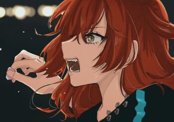 Rule 34 | 1girl, absurdres, black shirt, bocchi the rock!, commentary request, fang, flying sweatdrops, green eyes, highres, holding, holding plectrum, kita ikuyo, long hair, one side up, open mouth, plectrum, red hair, saltyacurry, shirt, solo