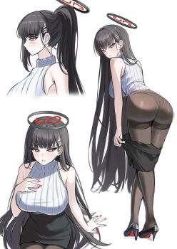 1girl alternate_hairstyle ass bare_shoulders black_hair black_pantyhose black_shoes black_skirt blue_archive bnari breasts clothes_pull commentary_request fingernails from_behind from_side hand_on_own_chest high_heels high_ponytail highres large_breasts leaning_forward long_hair multiple_views nail_polish pantyhose parted_lips pencil_skirt ponytail red_eyes red_nails rio_(blue_archive) shoes simple_background sitting skirt skirt_pull sleeveless sleeveless_sweater sleeveless_turtleneck standing sweater turtleneck turtleneck_sweater very_long_hair white_background white_sweater