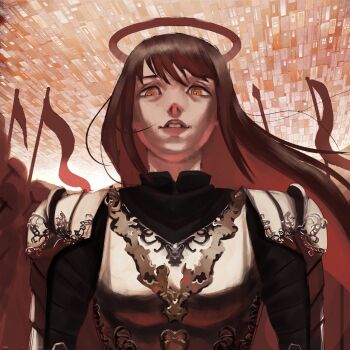 1girl 6+others absurdres armor arondiolex banner battle_standard blood blood_halo breastplate chainsaw_man door halo hell highres light_smile liquid_halo looking_at_viewer looking_down makima_(chainsaw_man) multiple_others pauldrons red_hair red_halo ringed_eyes shoulder_armor sidelocks smile war_banner yellow_eyes