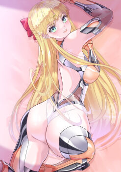 1girl absurdres aino_minako arion_canvas ass bishoujo_senshi_sailor_moon blonde_hair bodysuit bow breasts covered_erect_nipples elbow_gloves gloves green_eyes hair_bow highres large_breasts looking_at_viewer looking_back magical_girl sailor_venus skin_tight smile solo taimanin_suit