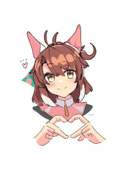 1girl absurdres ahoge animal_ears blush bow brown_eyes brown_hair checkered_ribbon closed_mouth dantsu_flame_(center_spotlight)_(umamusume) dantsu_flame_(umamusume) ear_covers ear_ornament ear_ribbon four-finger_heart_hands hair_between_eyes hair_ornament hairband heart heart_hands highres hinokey_(hinokey0126) horse_ears horse_girl looking_at_viewer multicolored_hair pink_hairband portrait shirt simple_background smile solo umamusume white_background white_hair