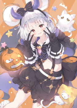 Rule 34 | 1girl, absurdres, animal ears, black gloves, blush, gloves, granblue fantasy, hair ornament, highres, looking at viewer, mouse (animal), open mouth, pumpkin, red eyes, shorts, simple background, ukiwakisen, vikala (granblue fantasy), vikala (halloween) (granblue fantasy), white hair