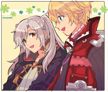 1boy 1girl armor blonde_hair blue_eyes blush breasts brown_eyes cape female_robin_(fire_emblem) fire_emblem fire_emblem_awakening gloves highres hood kiriya_(552260) long_hair long_sleeves looking_at_viewer nintendo open_mouth robe short_hair shulk_(xenoblade) simple_background smile super_smash_bros. sword twintails vest weapon white_hair xenoblade_chronicles_(series) xenoblade_chronicles_1 xenoblade_chronicles_2