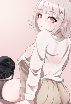 1girl :o absurdres blush bra_visible_through_clothes breasts brown_skirt brown_thighhighs clothes_lift danganronpa_(series) danganronpa_2:_goodbye_despair from_behind grey_background grey_shirt hair_ornament highres large_breasts long_sleeves medium_hair nanafuku nanami_chiaki pink_eyes pink_hair pleated_skirt shirt simple_background sitting skirt skirt_lift solo sweat thighhighs ventilator