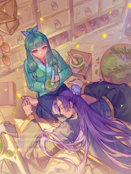 Rule 34 | 1boy, 1girl, artist name, barefoot, beads, black robe, blue eyes, blue jacket, blue ribbon, blue skirt, blunt bangs, bun cover, chinese clothes, closed eyes, closed mouth, commentary, copyright name, gold trim, green hair, green shirt, hair beads, hair bun, hair ornament, hair over shoulder, hair ribbon, half updo, herb bundle, highres, jacket, jinshi (kusuriya no hitorigoto), kneeling, kusuriya no hitorigoto, lap pillow, leaf, light smile, long hair, maomao (kusuriya no hitorigoto), mortar (bowl), orange sekaii, parted bangs, pestle, purple hair, ribbon, robe, shirt, skirt, symbol-only commentary