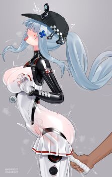 1girl aqua_hair ass assless_skirt baseball_cap bodysuit cervix cross_hair_ornament deep_penetration dildo frilled_bodysuit girls&#039;_frontline girls&#039;_frontline_2:_exilium hair_ornament hat highres hk416_(girls&#039;_frontline) klukai_(girls&#039;_frontline_2) klukai_(speed_star)_(girls&#039;_frontline_2) long_hair maguro27 multicolored_bodysuit object_insertion official_alternate_costume open_mouth ponytail sex_toy solo_focus tattoo teardrop_facial_mark teardrop_tattoo tongue tongue_out twitching_penis two-tone_bodysuit uterus vaginal vaginal_object_insertion white_bodysuit x-ray