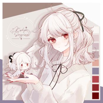 Rule 34 | 1girl, absurdres, black ribbon, blush, character name, closed mouth, collared shirt, color guide, feathered wings, hair ribbon, hands up, highres, holding chibi, kishin sagume, long sleeves, looking at viewer, medium hair, neck ribbon, red eyes, relele, ribbon, shirt, shirt under sweater, single wing, solo, sweater, touhou, white hair, white shirt, white sweater, wings