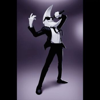 1boy commentary english_commentary formal_clothes full_body greyscale highres holding holding_microphone jacket mac_tonight magenta_sunrise male_focus mcdonald&#039;s microphone monochrome moon-shaped_head necktie open_mouth pants smile solo suit suit_jacket sunglasses