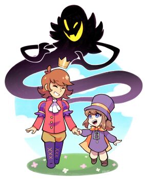 1girl 2boys :d a_hat_in_time absurdres ankle_boots ascot blue_eyes blue_sky boots brown_boots brown_hair brown_pants buttons cape child closed_eyes cloud coat commentary crown english_commentary eyes_visible_through_hair facing_another fangs fewer_digits floating_crown flower ghost gold_crown hat hat_kid hat_ribbon highres holding_hands jacket juliet_sleeves lace-up_boots long_hair long_sleeves looking_at_another medium_hair multiple_boys one_eye_closed open_hand open_mouth orange_hair pants pink_flower ponytail popped_collar prince_(a_hat_in_time) puffy_sleeves purple_boots purple_hat purple_jacket red_coat ribbon sidelocks skin_fangs sky smile snatcher_(a_hat_in_time) teeth thigh_boots top_hat upper_teeth_only walking white_ascot white_background xxfaylinnxx yellow_cape yellow_pants yellow_ribbon zipper zipper_pull_tab