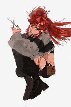 Rule 34 | 1girl, boots, commentary, crop top, facial mark, full body, gachiakuta, green eyes, highres, holding, holding scissors, long hair, midriff, mrkbs, orange hair, parted lips, red hair, riyo reaper, scissors, simple background, sitting, solo, twintails, white background