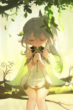 1girl bare_shoulders bracelet branch closed_eyes closed_mouth commentary_request detached_sleeves dress facing_viewer feet_out_of_frame genshin_impact green_hair hands_up highres jewelry kyrie_(user_ukng7374) long_hair multicolored_hair nahida_(genshin_impact) outdoors own_hands_together pointy_ears side_ponytail sitting sitting_on_branch solo tree white_dress white_hair