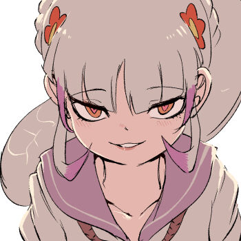 1girl blush byakuda_(kemono_friends) flower grey_hair hair_flower hair_ornament kemono_friends long_hair looking_at_viewer mcgunngu neck_ribbon red_eyes ribbon sailor_collar school_uniform serafuku shirt simple_background snake_girl snake_hair solo upper_body